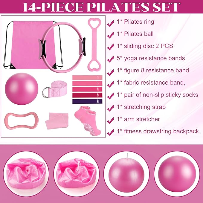 hotqueen 14 PCS Pilates Kit, Home Pilates Workout Kit for Women, Pilates Equipment with 14.9" Pilates Ring and Ball, Resistance Bands, Sliders & Grip Socks Accessories for Starter Home Workouts（Pink）