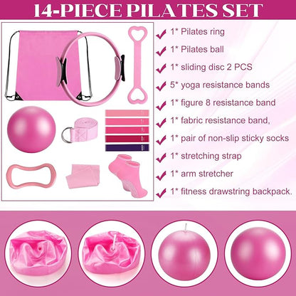 hotqueen 14 PCS Pilates Kit, Home Pilates Workout Kit for Women, Pilates Equipment with 14.9" Pilates Ring and Ball, Resistance Bands, Sliders & Grip Socks Accessories for Starter Home Workouts（Pink）