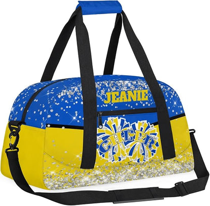 Personalized Cheer Gym Bags for Girls Kids Cheerleaders with Custom Name Sport Dance Perform Training Duffel Bags for Overnight Weekender Travel Blue Yellow