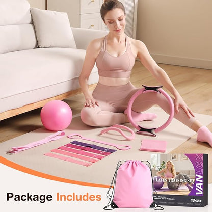 Pilates Kit 13Pcs Home Pilates Essentials Workout Kit with 13" Ring, 10" Ball and Resistance Bands for Women at Home Pilates Equipment Set for Beginners