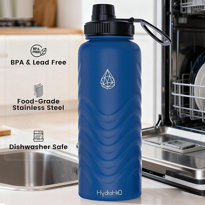 24oz Stainless Steel Insulated Water Bottle, 48H Ice Cold & 24H Hot, Leak-Proof Wide Mouth Lids (Straw & Spout), BPA-Free Bottles, Mens Water Bottle for Gym, Hiking, Travel - Blue