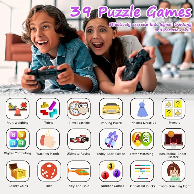 Kids Smart Watch Girls Gifts for Age 5-12, 39 Puzzle Games HD Touch Screen Watches with Video Camera Music Player Pedometer Flashlight 12/24 hr Birthday Gift 6 7 8 Year Old Girls