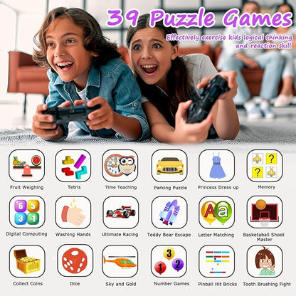 Kids Smart Watch Girls Gifts for Age 5-12, 39 Puzzle Games HD Touch Screen Watches with Video Camera Music Player Pedometer Flashlight 12/24 hr Birthday Gift 6 7 8 Year Old Girls