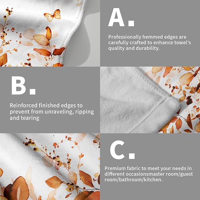 Orange Fall Hand Towels Set of 2 Eucalyptus Decorative Fingertip Towels Watercolor Plant Leaves with Floral Butterfly Towels Rustic Super Soft Face Towel for Bathroom Home Hotel Gym Kitchen Decor