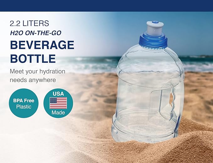 Arrow H2O On The Go Water Bottle, 2.2 Liter - Large Clear Plastic Water Bottle with Push Cap - Made in the USA, BPA Free - Built-In Convenient Handle, Leakproof - Ideal for the Gym and Sports Practice