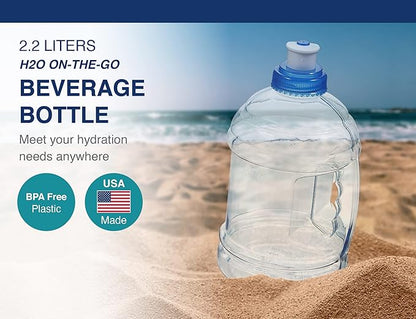 Arrow H2O On The Go Water Bottle, 2.2 Liter - Large Clear Plastic Water Bottle with Push Cap - Made in the USA, BPA Free - Built-In Convenient Handle, Leakproof - Ideal for the Gym and Sports Practice