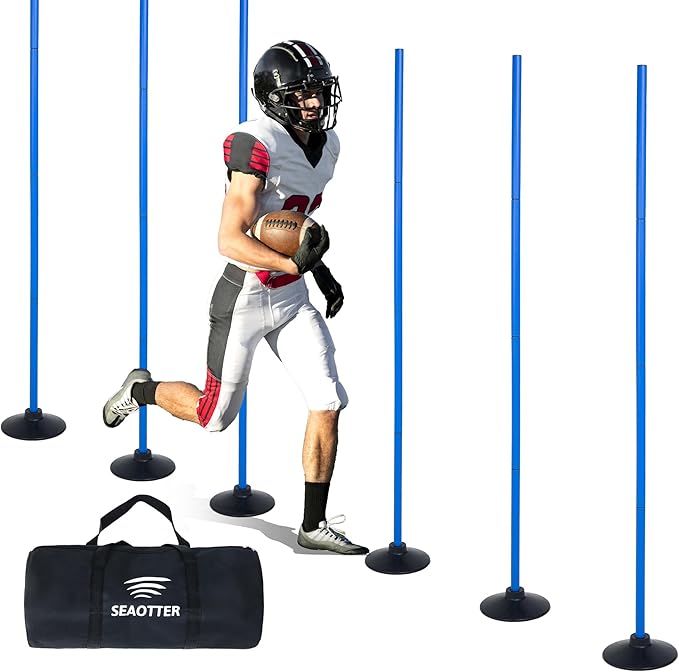 SEAOTTER Soccer Agility Poles Set, 4/6/10 Pcs 6ft Detachable Sports Trainning Speed Poles Slalom Poles with Rubber Base, Agility Training Equipment for Football, Rugby, Basketball, Indoor & Outdoor