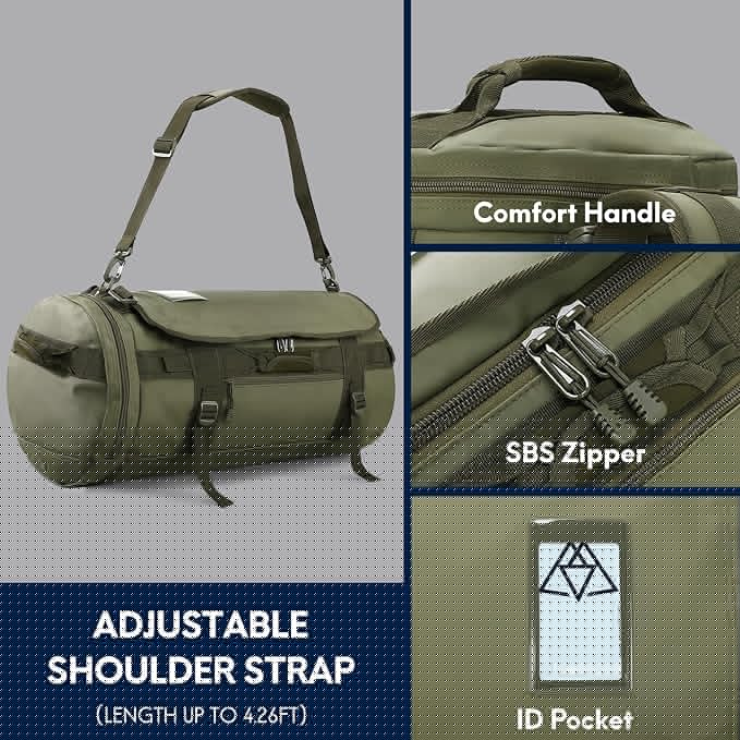Haimont Large Duffle Bag Backpack for Men Women, 60L Convertible Travel Duffel Bags with Shoes Compartment, Carry on Durable Duffle for Sports Gym Hiking Camping, Water-resistant, Army Green