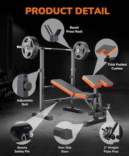 Multi-Function 6 in 1 Weight Bench Set - Leg Press, Preacher Curl Rack, Adjustable Workout Bench & Squat Rack for Full Body Exercise, Fitness Strength Training for Home Gym