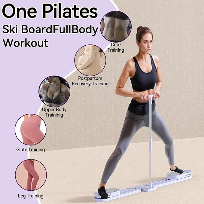 Pilates Board, Multifunctional Pilates Reformer Board with Handrail, Quickly Convert to Ski Machine, Detachable Abdominal Board, Home Gym Equipment for Women Core Workouts