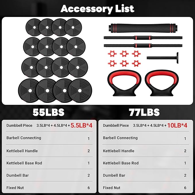 Adjustable Dumbbells, 55/77LBS Free Weight Set, 4 in 1 Dumbbell Set Used as Barbell, Kellebell, Push Up Stand, Fitness Exercise for Home Gym Suitable Men/Women