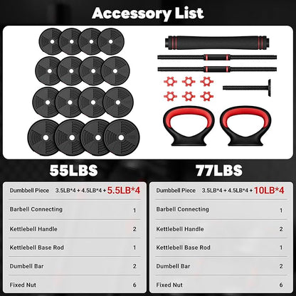 Adjustable Dumbbells, 55/77LBS Free Weight Set, 4 in 1 Dumbbell Set Used as Barbell, Kellebell, Push Up Stand, Fitness Exercise for Home Gym Suitable Men/Women