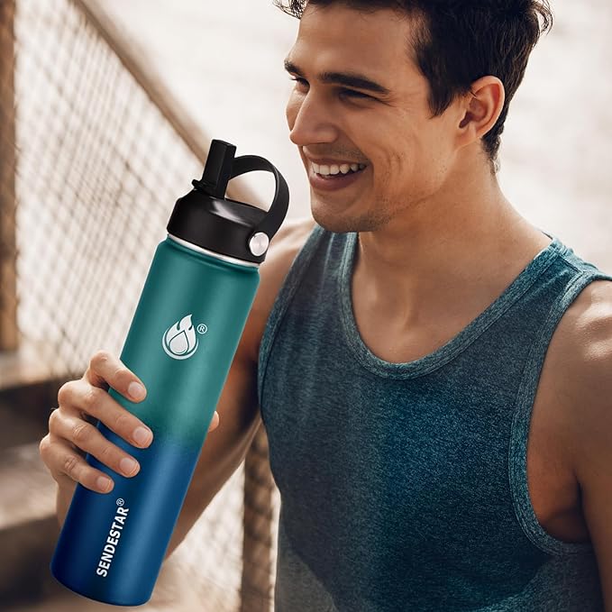 Insulated Water Bottle 40 oz with Straw, Stainless Steel Wide Mouth Water Bottle, Double Wall Vacuum Leak Proof with Straw Lid & Spout Lid for Sports or Office, Keep Cold or Hot Up to 24 Hrs