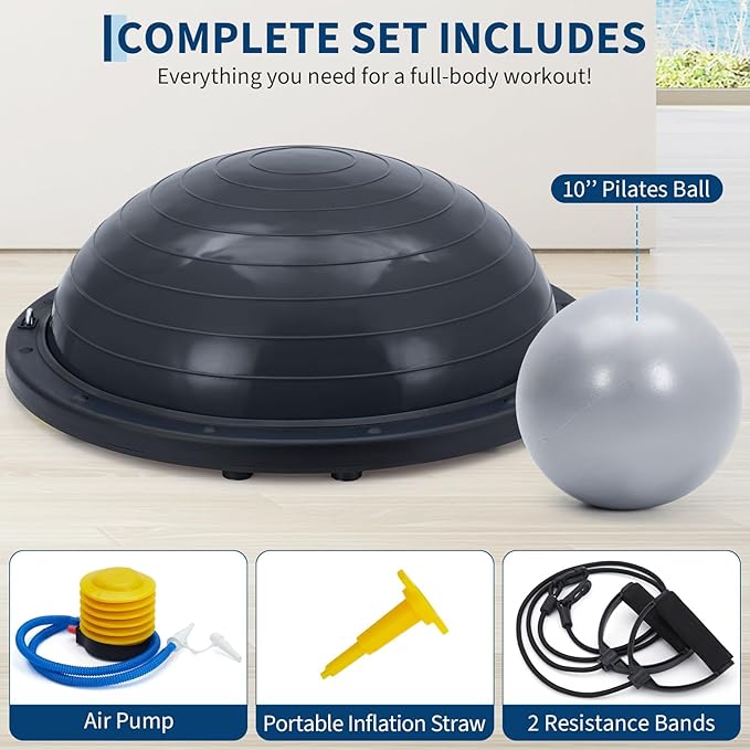 1 Pack PVC 23 Inch Yoga Half Ball with ABS Base Stability Ball - 6 Non-Slip Feet, 30 Inch Resistance Bands, Anti-Skid Yoga Ball, Adjustable Resistance Bands