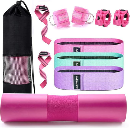 TOPROAD Barbell Pad Set, Bar Neck Pad for Squats Hip Thrusts, Foam Weightlifting Cushion with 3 Hip Resistance Bands, 2 Gym Ankle Straps, 2 Lifting Straps, 2 Barbell Clips and Carry Bag