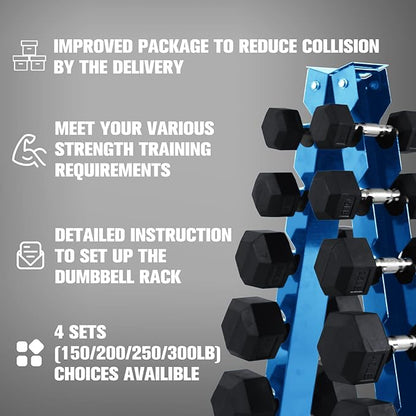 RitFit 250LB/300LB/350LB/550LB/650LB Rubber Hex Dumbbell Sets with Weights Rack, Multiple Color Choices Available, Great Gym Equipment for Home, Strength Training, Workouts