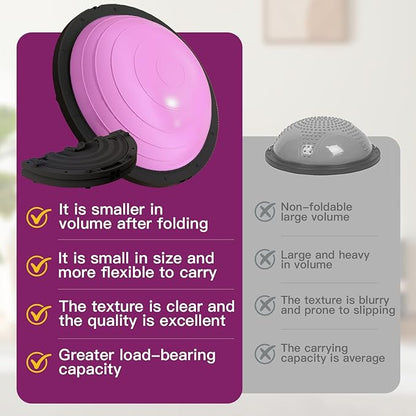 Vtory Foldable Balance Ball, Upgrate Half Ball Balance Trainer, 1300 lbs Capacity Stability Ball, 23.5 Inch Yoga Half Ball, with Resistance Band & Foot Pump, No-slip Blue Pink