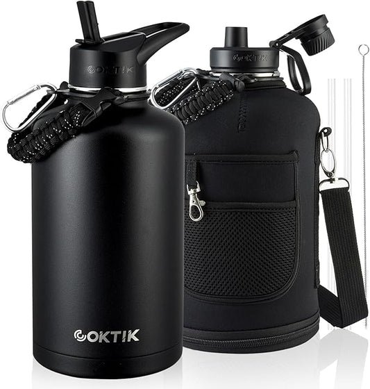 COKTIK 84oz Insulated Water Bottle - Stainless Steel Vacuum Metal, Portable ½ Gallon Large-Capacity Sports Bottle with Straw, Carry Bag and Handle Strap, Ideal for Gym & Hiking（Black)