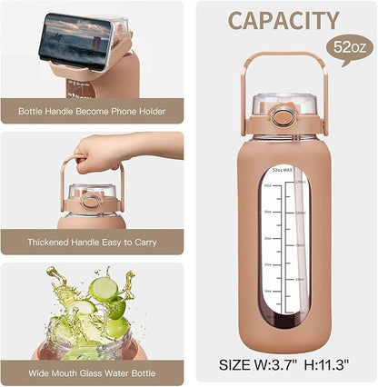 52oz Glass Water Bolttles with Straw Half Gallon Large Motivational Water Bottle with Time Marker Sports Water Bottles with Silicone Sleeve and Handle Lid Water Jug for Gym Workout