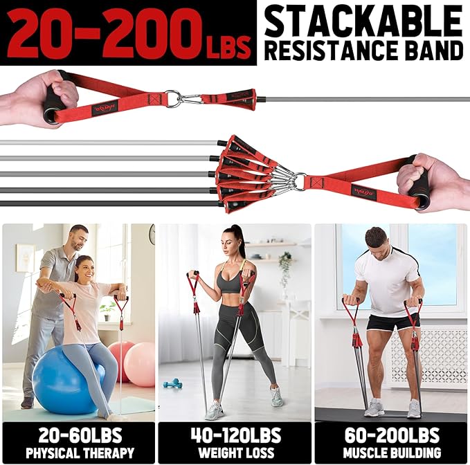 WALITO Resistance Bands Set - Exercise Bands with Handles, Door Anchor, Legs Ankle Straps, for Heavy Resistance Training, Physical Therapy, Muscle Training, Yoga, Home Workouts, Gym