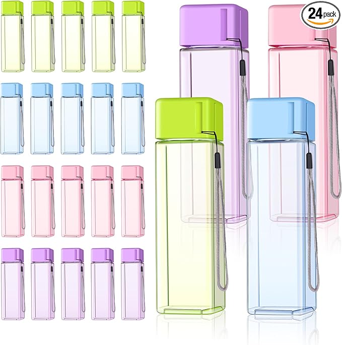 mwellewm 24Pcs Water Bottles Bulk 17 Oz Reusable Plastic Water Bottle Spill Proof Clear Colorful Gym Sports Large Drink Bottle for Adult Leak Square Pack for School Outdoor Fitness Travel Office