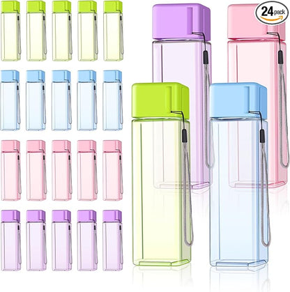 mwellewm 24Pcs Water Bottles Bulk 17 Oz Reusable Plastic Water Bottle Spill Proof Clear Colorful Gym Sports Large Drink Bottle for Adult Leak Square Pack for School Outdoor Fitness Travel Office