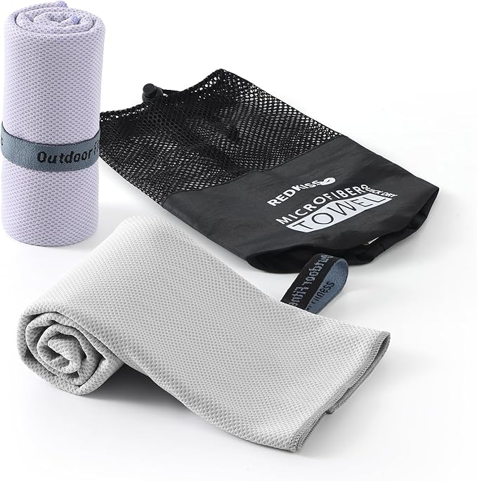 Cooling Towels for Neck and Face - 2 Pack Microfiber Gym Towels Set, 39" x 11" Microfiber Absorbent Towel for Sports Fitness, Yoga, Super Soft and Quick-Drying Gym Towels for Women Men，Grey Purple