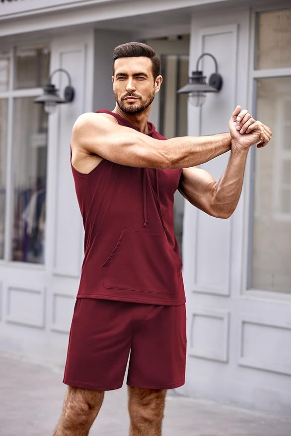 COOFANDY Mens Sleeveless Workout Hoodie Shorts Set 2 Piece Outfits Hooded Tank Tops Gym Tracksuit Sweatsuits