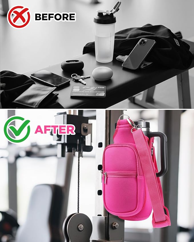 IPOW Magnetic Gym Bag Water Bottle Carrier Holder with Phone Pockets & Shoulder Strap for Men Women,Water Bottle Holder, Gym Pouch, Crossbody Bag for Travel, Sports, Work, Fitness - Rose Pink