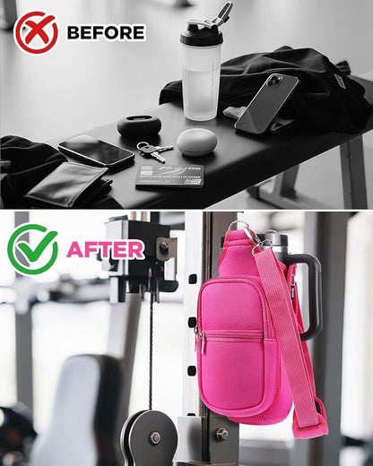 IPOW Magnetic Gym Bag Water Bottle Carrier Holder with Phone Pockets & Shoulder Strap for Men Women,Water Bottle Holder, Gym Pouch, Crossbody Bag for Travel, Sports, Work, Fitness - Rose Pink