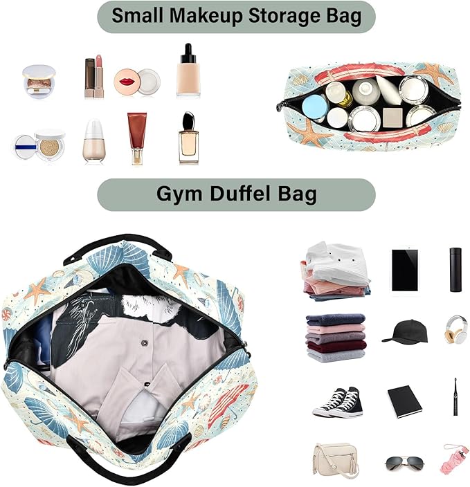 senya Weekender Bags Travel Duffel Gym Bag Coastal Seashells Starfish Seagulls Carry on Overnight Tote Bag with Toiletry Bag for Airplane Travel Trip Gym Yoga, g368736066p1006c1071s2442