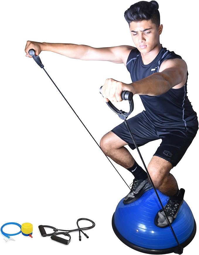 X-Factor Balance Ball Half Exercise Ball with Resistance Bands, Balance Trainer Bonus Pump for Yoga Fitness, Home Gym Stability Workout, Strength Exercise Quantity (Blue)