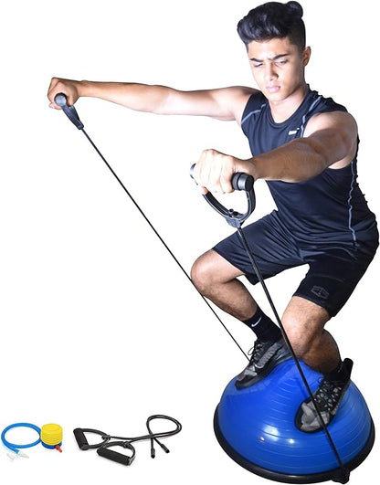X-Factor Balance Ball Half Exercise Ball with Resistance Bands, Balance Trainer Bonus Pump for Yoga Fitness, Home Gym Stability Workout, Strength Exercise Quantity (Blue)