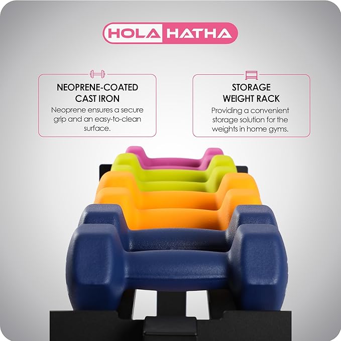 HolaHatha 146 Pound Neoprene Coated Non Slip Dumbbells with Rack for Strength Training, Includes 3, 5, 8, 10, 12, 15, & 20 Pound Sets, Multicolor