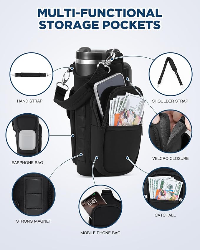 IPOW Magnetic Gym Bag Water Bottle Carrier Holder with Phone Pockets & Shoulder Strap for Men Women,Water Bottle Holder, Gym Pouch, Crossbody Bag for Travel, Sports, Work, Fitness - Black