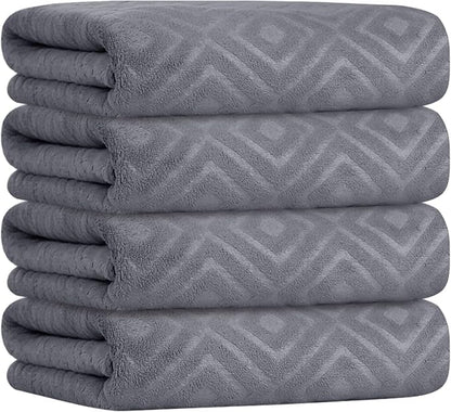 JML Towels, Pack of 4 Extra Large Bath Towel (30" x 60") - Absorbent Microfiber Bathroom Towels for Body, Adult, Hair, Yoga, Swimming, Grey Diamond Embossed
