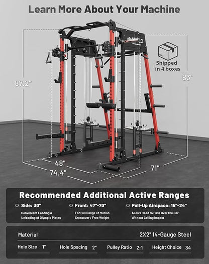 Mikolo M4 2.0 Smith Machine, 2200lbs Squat Rack with LAT-Pull Down System & Cable Crossover Machine, Training Equipment with Leg Hold-Down Attachment