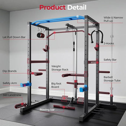 Sportsroyals Squat Rack, LAT Power Cage, Power Rack Multi-Function with Pulley System and Training Attachments for Home Gym