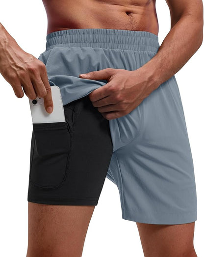 Running Shorts for Men 7 inch Inseam 2 in 1 Quick Dry Athletic Gym Workout Tennis Shorts with Phone Pockets