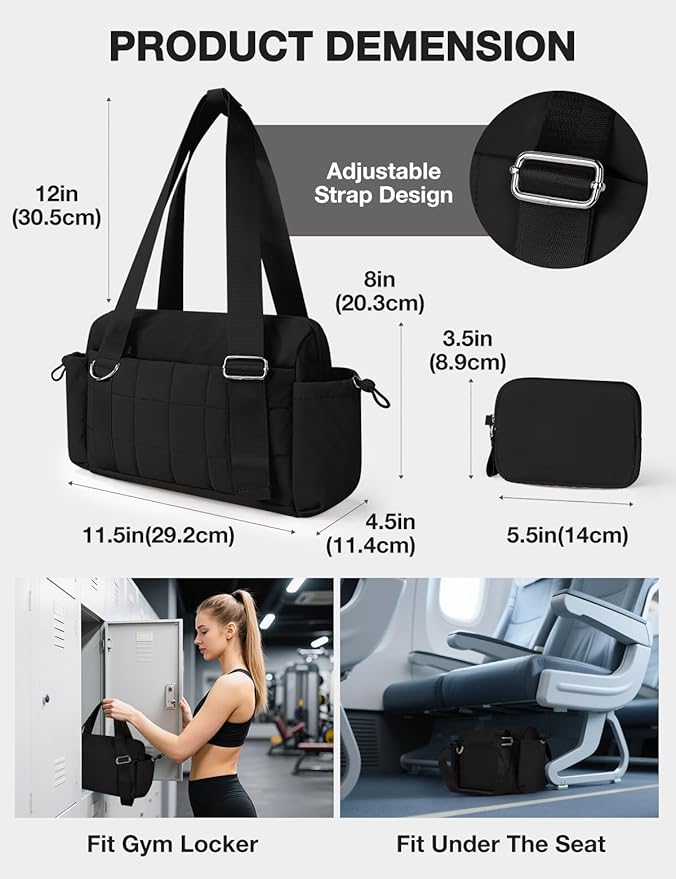 VUUDH Mini Gym Bag for Women Puffy Bag, Small Gym Bag with Coin Wallet, Lightweight Gym Tote Bag for Fitness, Work, Travel, Daily Commute,Black