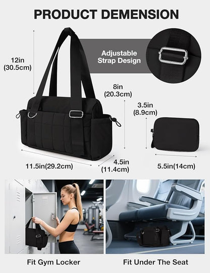 VUUDH Mini Gym Bag for Women Puffy Bag, Small Gym Bag with Coin Wallet, Lightweight Gym Tote Bag for Fitness, Work, Travel, Daily Commute,Black