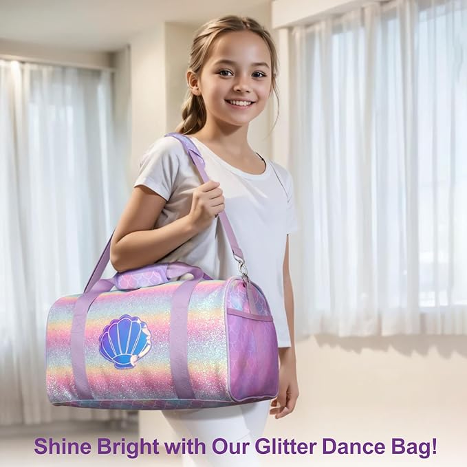 Bagseri Dance Bag for Girls - Kids Duffle with Shoe Compartment, Gymnastics Tote for Sleepover Travel with Water Resistant Wet Pocket (Glitter Mermaid, Purple)