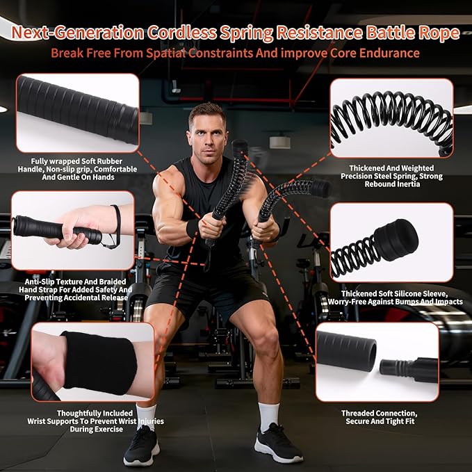 Premium Cordless Battle Ropes - Heavy Duty Ropeless Training Sticks for Home Gym with TPR Grips & Wrist Wraps，Portable Workout Equipment for HIIT, Strength & Cardio Training