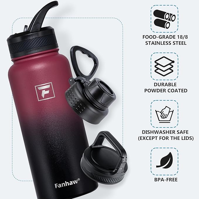 Fanhaw 32 oz Insulated Water Bottle – Portable Stainless Steel Flask with 3 Lids (Straw, Spout, Carabiner) | Leakproof, for Gym, Hiking, Work, Travel & Everyday Use (Red Black)