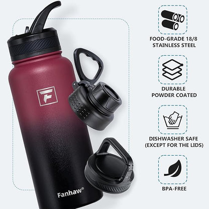 Fanhaw 32 oz Insulated Water Bottle – Portable Stainless Steel Flask with 3 Lids (Straw, Spout, Carabiner) | Leakproof, for Gym, Hiking, Work, Travel & Everyday Use (Red Black)