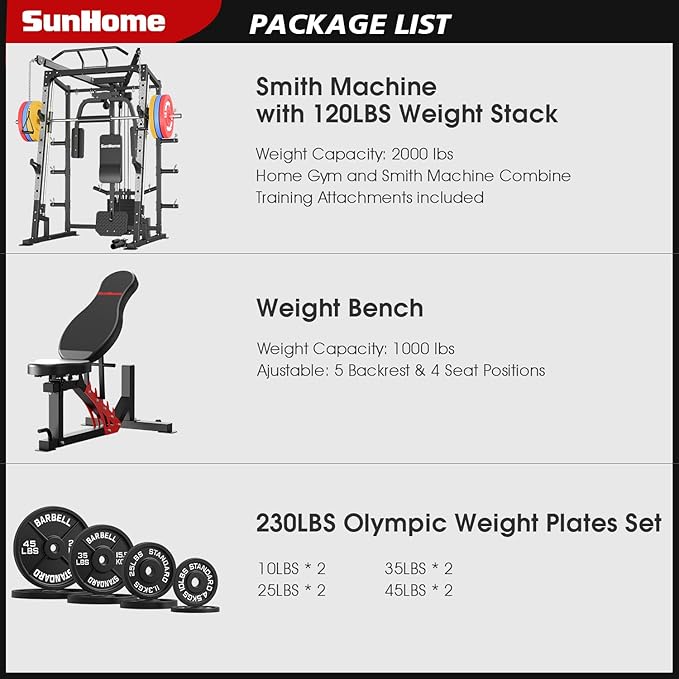 SunHome Smith Machine, Power Cage Squat Rack with Smith Bar, LAT Pull-Down Systems, Cable Crossover Machine and Cable Attachment for Home Gym