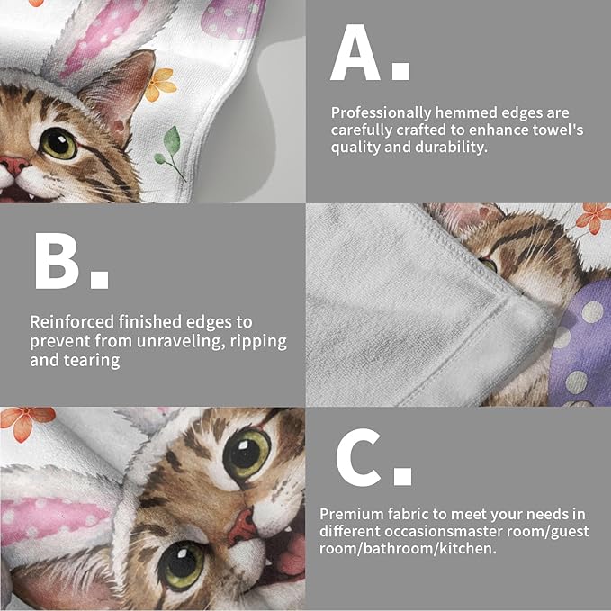 Easter Cat Hand Towels 2 Pack 14"x28" Pink Rabbit Ears Kitchen Towels Cat Bunny Eggs Dish Towels Spring Summer Holiday Finger Towels for Kitchen Bathroom Shower Hotel Gym