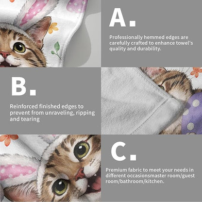 Easter Cat Hand Towels 2 Pack 14"x28" Pink Rabbit Ears Kitchen Towels Cat Bunny Eggs Dish Towels Spring Summer Holiday Finger Towels for Kitchen Bathroom Shower Hotel Gym