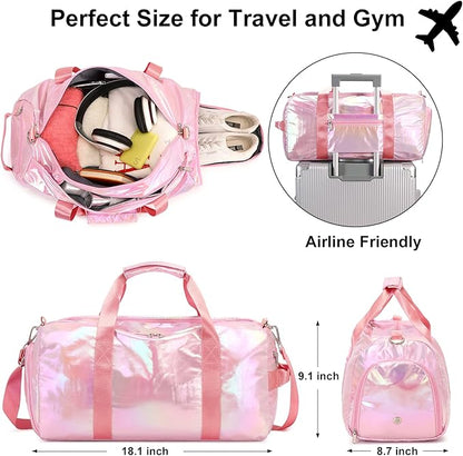 Gym Bag Sports Duffle Bag with Wet Pocket Weekender Overnight Bags with Waterproof Shoe Compartment for Girls Kids Women Travel Dance Yoga Workout Bags (Pink)