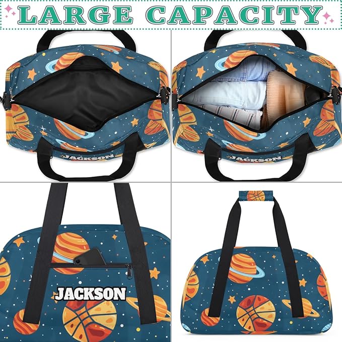 Personalized Basketball Gym Duffel Bags for Kids Boys with Custom Name Sport Travel Bags for Overnight Weekender Training, Blue Space